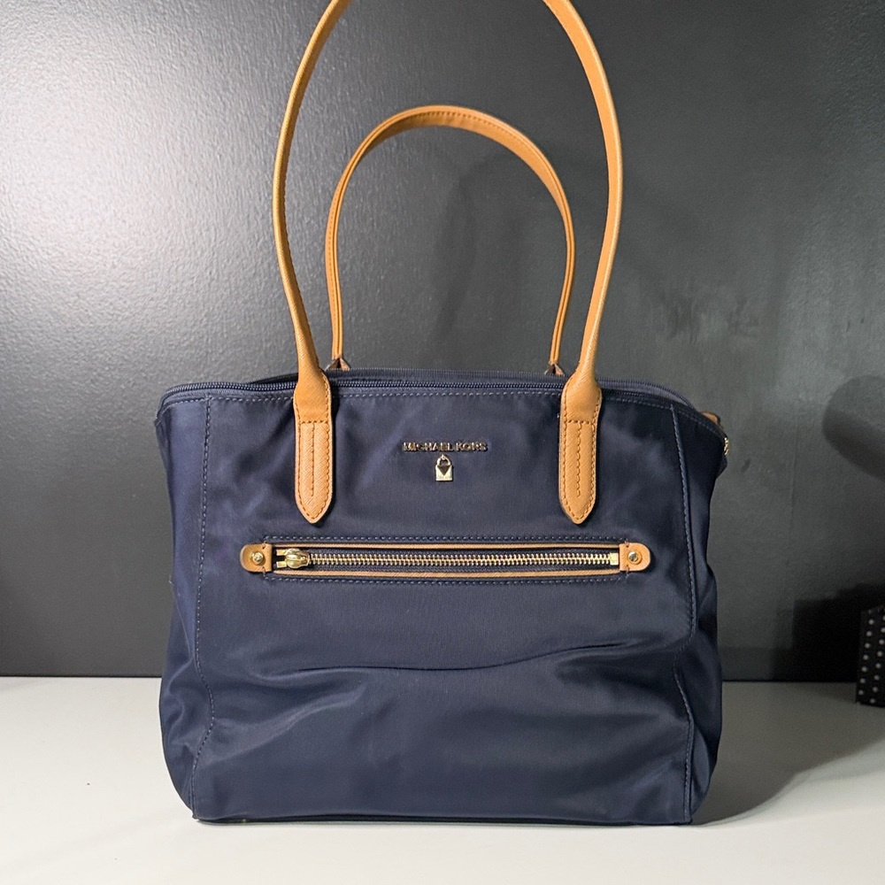 Michael Kors Dark Blue Nylon Tote with Tan Leather Accents